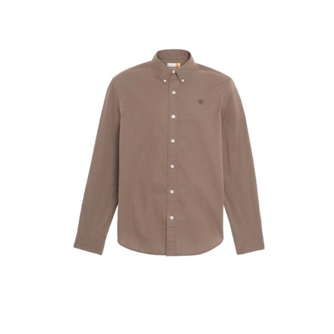 Long-Sleeve Stretch Poplin Shirt for Men in Brown